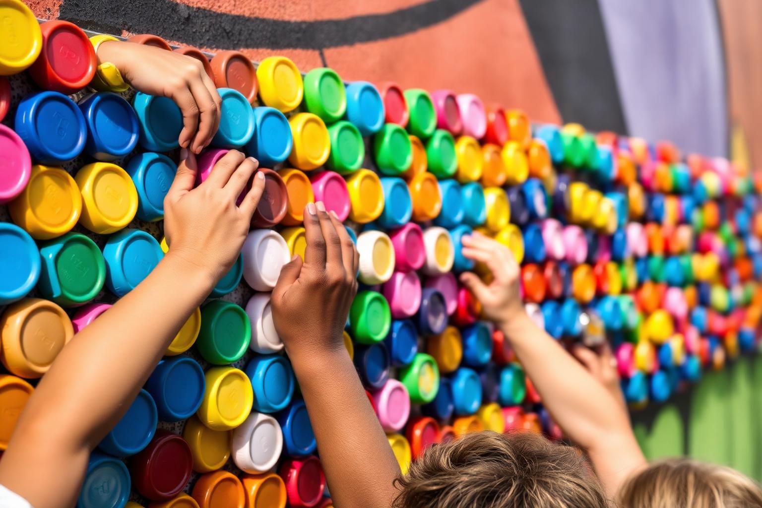 Children's hands placing colorful bottle caps on a mural